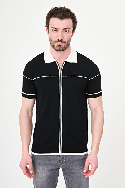 Mcr Plain Slim Fit Polo Collar Zippered Short Sleeve Men's Knitwear T-Shirt B...