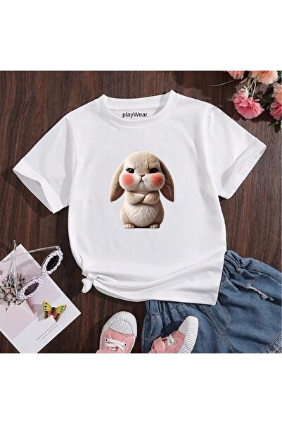 playwear Pink Cheek Rabbit Printed 100% Kids Unisex T-Shirt 5 6 -7 8-9 10 -11...