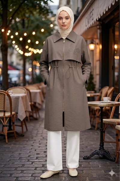 Puane Γυναικείο μακρύ καπάκι με φερμουάρ και μπροστινό κορδόνι στη μέση 152570