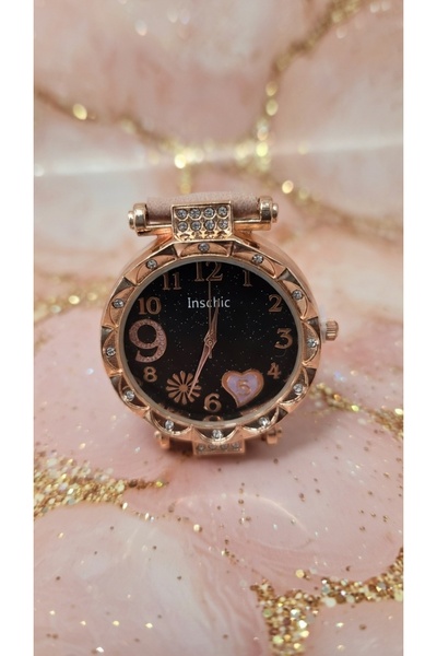 ahsenaksesuar2025 Zirkon Taşlı Rose Gold Çerçeve Kalp ve Çiçek Motifli Bej De...