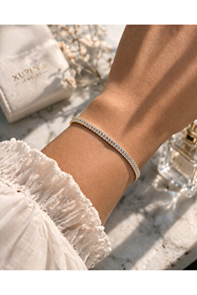 OEM Διπλό γυναικείο βραχιόλι με κρύσταλλα ζιργκόν, χρυσό βραχιόλι τένις με 2 ...