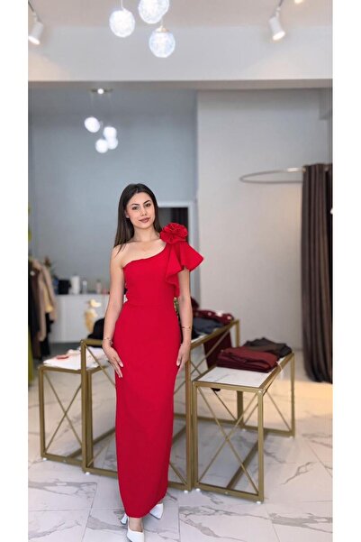 Sevvaltekinboutique Kırmızı gül detaylı abiye elbise