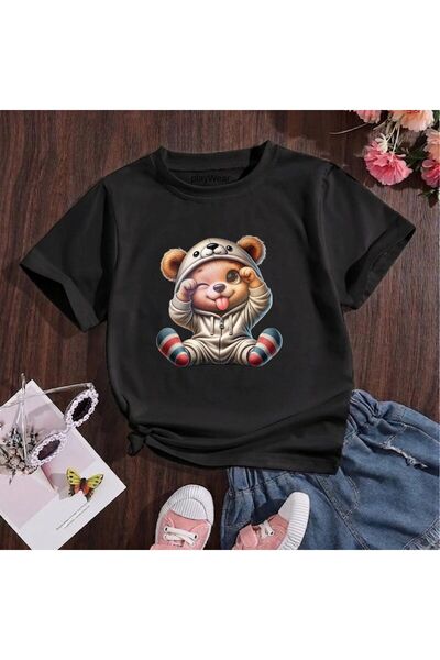 playwear Детска унисекс тениска с щампа на сладко мече, 100% памук, за 5-6, 7...