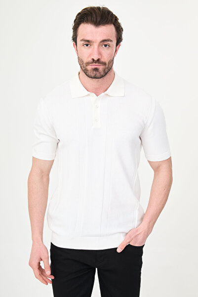 Mcr Patterned Slim Fit Polo Collar Men's Knitwear T-Shirt Ecru - 11587.26Y