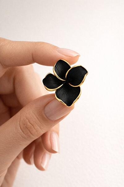 POYASE Black Flower Shaped Gold Color Detailed Earrings, Tarnish Resistant Pl...