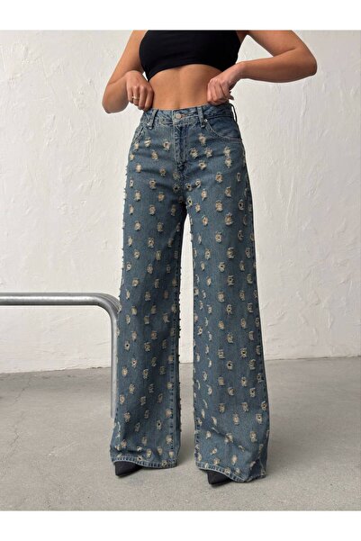 DENİKK Μοντέρνο Ψηλόμεσο Ειδικό Σχέδιο Τζιν Παντελόνι με Φαρδιά Μπατζάκια, Σκ...