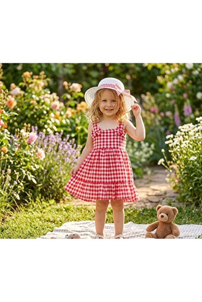 MUBA KIDS Kız Çocuk Pötikareli (Kırmızı Düz) Yazlık Elbise ve Şapka Takımı