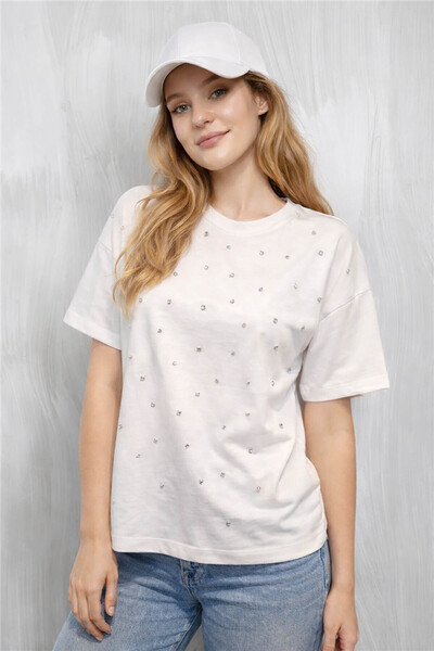 Fashion Friends Λευκή γυναικεία μπλούζα με πέρλες και πέτρες 26Y0082K1