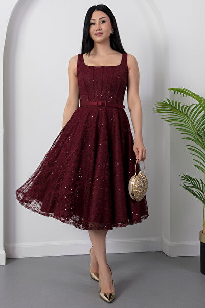 PULLIMM Φόρεμα με τετράγωνο λαιμόκοψη, παγιέτες και δαντέλα BAL165