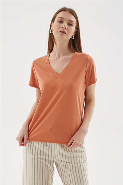 Fashion Friends Γυναικεία Μπλούζα Πορτοκαλί με V-λαιμόκοψη 26Y0144K1