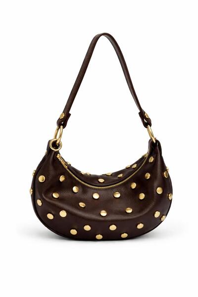 SHIKIRTI Καφέ τσάντα ώμου από μαλακό δέρμα με χρυσή πέτρα (30εκ*18εκ)