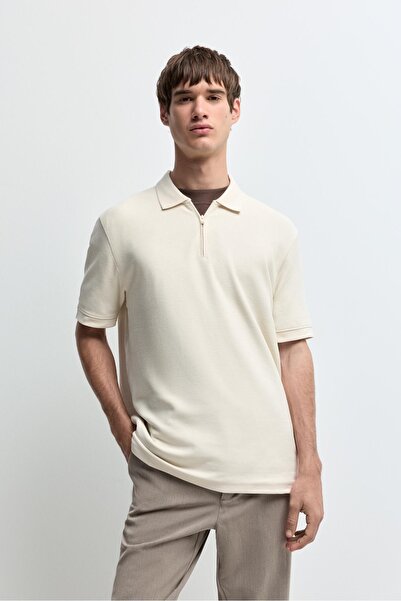 LEFTIES Fermuarlı dokulu polo yaka t-shirt