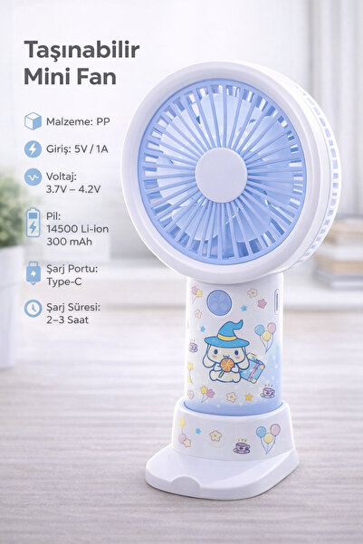 Hello Kitty Mini El Fanı USB Şarjlı 4 Kademeli Taşınabilir Masaüstü Fan Telefon Standlı