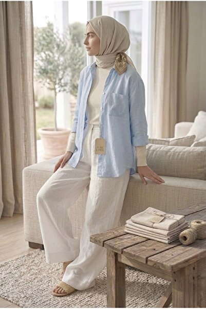 SSDESİNG New Season Back Pleated Wide Cuff Linen Fabric Baby Blue