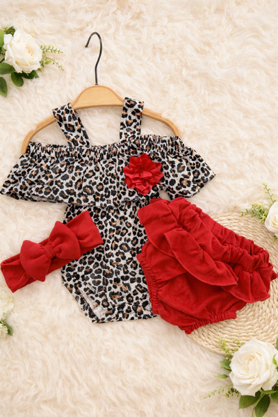 caliskanonline Leopar ve Gül Desenli Kız Bebek Takım