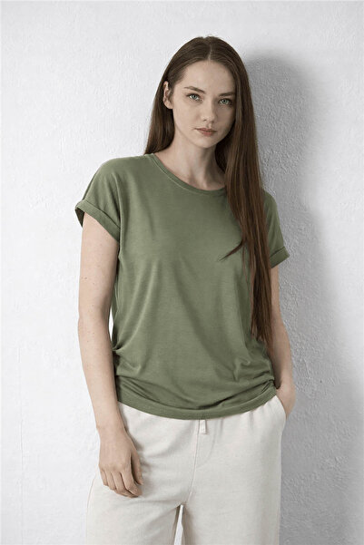 Fashion Friends Γυναικεία Μπλούζα Χακί με Λαιμόκοψη Ποδηλάτου 26Y0194K1