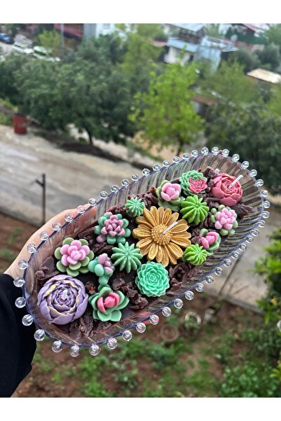 ABAS El Yapımı Çiçekli Tepsi Mum | Dekoratif Sukulent Mum