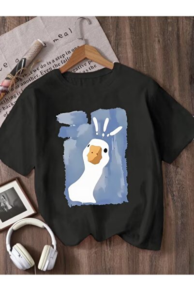 AEMİ Μπλουζάκι Unisex με στάμπα Goose Kaz, Oversize, με λαιμόκοψη ποδηλάτου