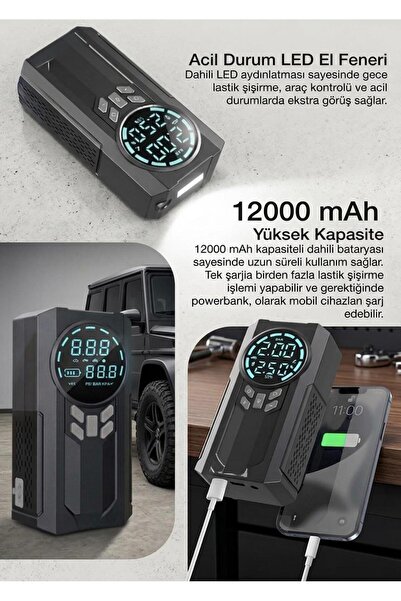 KTR TECH 4'ü 1 Arada Şarjlı Akü Lastik Şişirici Powerbank Led Işık 150psi Yüksek Basınçlı 12.000