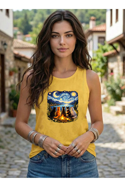 SUNFREE Γυναικείο μπλουζάκι με στάμπα STARRY NIGHT CATS, αμάνικο εσώρουχο