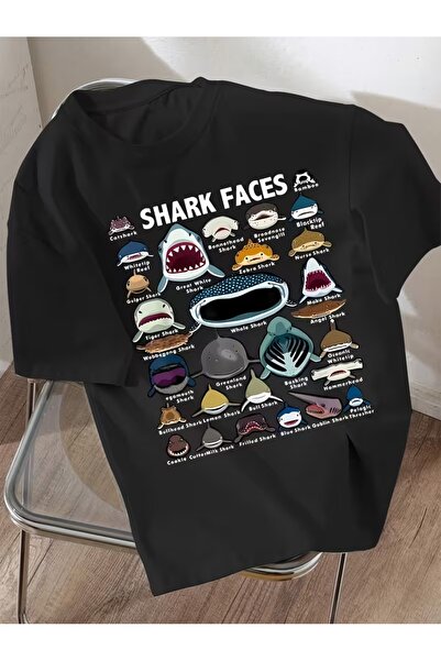 AEMİ Μπλουζάκι Unisex Sharks Sharks με στάμπα Oversize Crew Neck