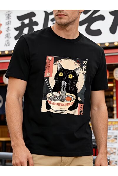 AEMİ Μπλουζάκι Unisex Ramen Cat με στάμπα, μεγάλου μεγέθους, με λαιμόκοψη ποδ...