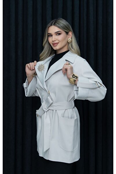 Eccim Fashion Büyük Beden Plussize Keten Yaka Broşlu Astarlı Uzun Kadın Trençkot