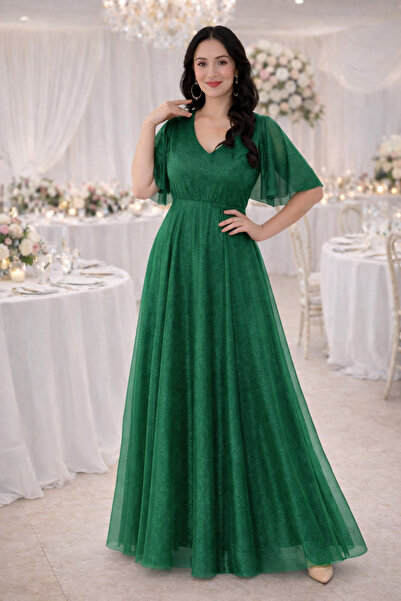 IŞILTI Γυναικείο φόρεμα με λαιμόκοψη V, μανίκια με βολάν, λεπτομέρειες από ασ...