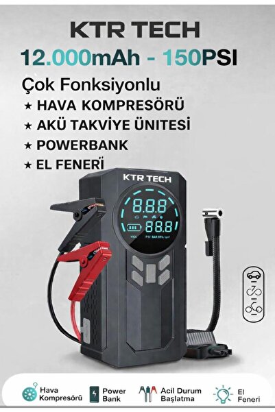 KTR TECH Akü Takviye Cihazı 4ü 1 Arada 12.000 mah, Hava Kompresörü, Powerbank...