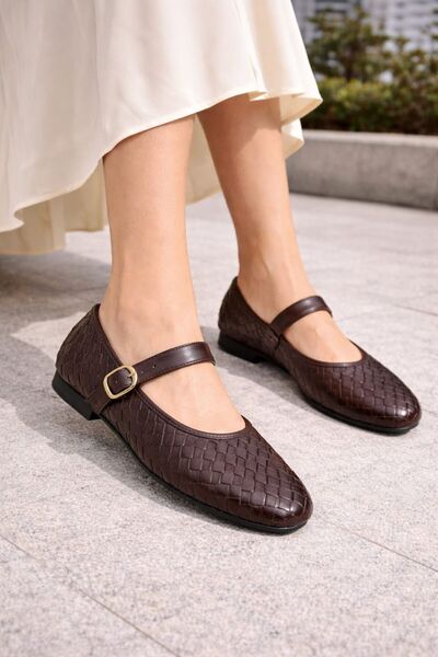 MAYA SHOES Kahve Örgü Yuvarlak Burunlu Kapalı Baretli Ortopedik Babet