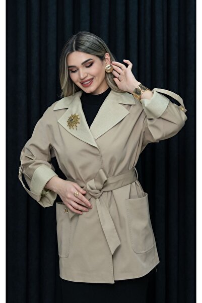 Eccim Fashion Büyük Beden Plussize Keten Yaka Broşlu Astarlı Uzun Kadın Trençkot