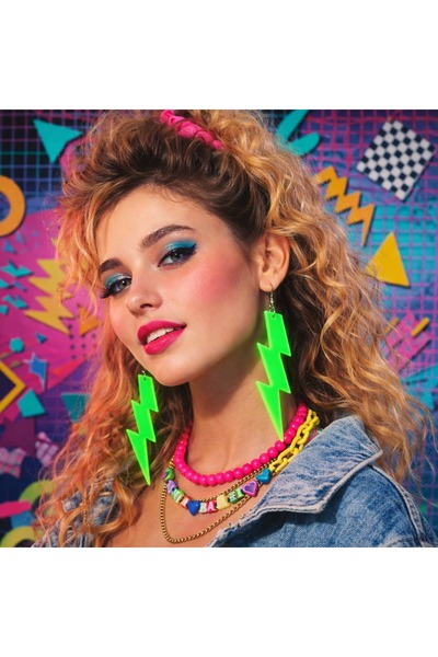 Skygo 80 ler 90 lar Retro Neon Yeşil Şimşek Küpe 10 cm