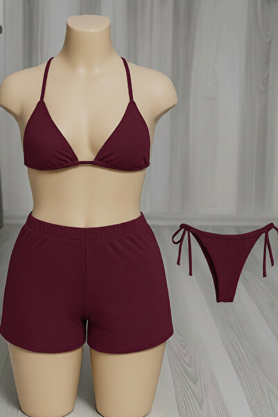 Imoda Kadın 3'lü Set Bordo Şortlu ve Yandan Bağlamalı Bikini Mayo Takımı