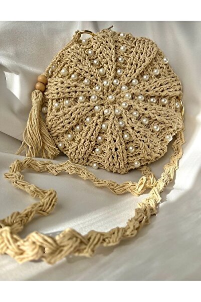 ARTTMACRAME Τσάντα Μακαρόν Μοντέλο İnci Hasir από χαρτί με κορδόνι