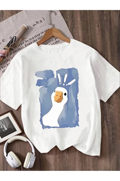 AEMİ Μπλουζάκι Unisex με στάμπα Goose Kaz, Oversize, με λαιμόκοψη ποδηλάτου