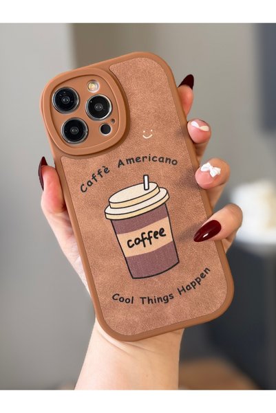 MİRAZ TASARIM iPhone 14 Pro Max Coffee Patterned Leather Textured Tan Color Case