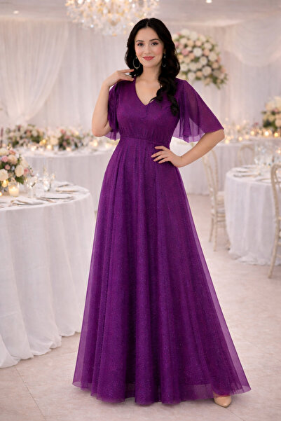 IŞILTI Γυναικείο φόρεμα με λαιμόκοψη V, μανίκια με βολάν, λεπτομέρειες από ασ...