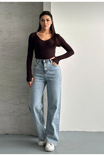 MAY JEAN KADIN YÜKSEK BEL PALAZZO KAR YIKAMA JEANS BOL PAÇA PANTOLON DENİM