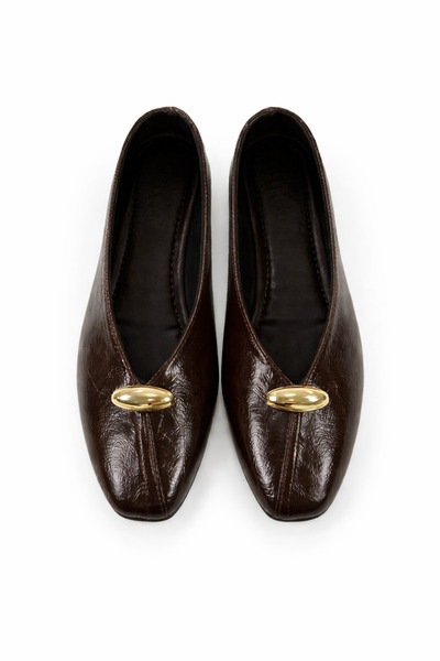 ZARICH Zena Bitter Brown Ring Buckle Detailed Wrinkled Patent Leather Blunt Toe Comfortable Daily Women's Stylish Ballerina Shoes