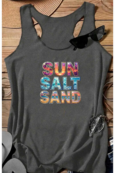 SUNFREE Γυναικείο μπλουζάκι με στάμπα SEA SAND SUN, αμάνικο μπλουζάκι για κολ...