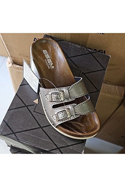 Esem Women's Platinum Double Buckle Wedge Heel Slippers