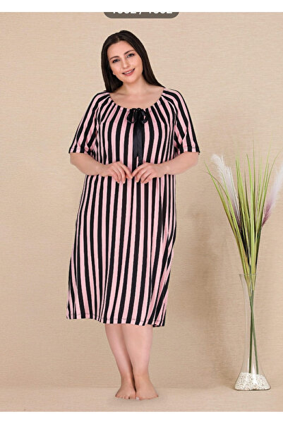 Lady Νυχτικό Τουνίκ με Ροζ-Μαύρο Ριγέ Σχέδιο από Ύφασμα Βισκόζης Μεγάλου Μεγέ...