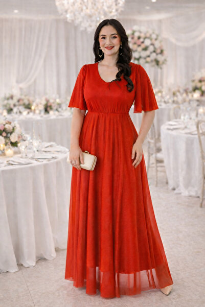 IŞILTI Γυναικείο φόρεμα με λαιμόκοψη V, μανίκια με βολάν, λεπτομέρειες από ασ...