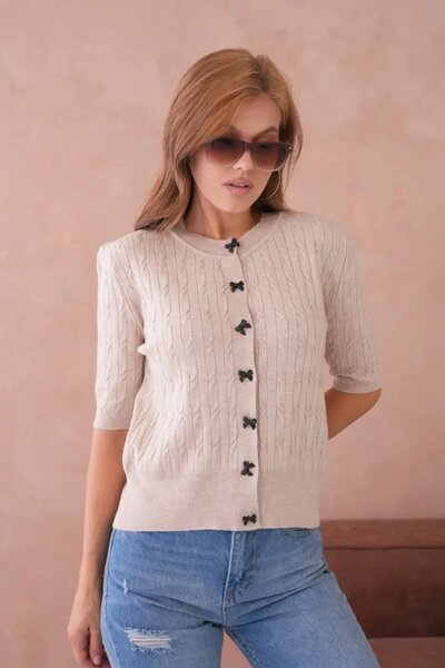 Park Karon 12036 Crew Neck Bow Button Detailed Hair Knit Premium Yarn Knitwea...