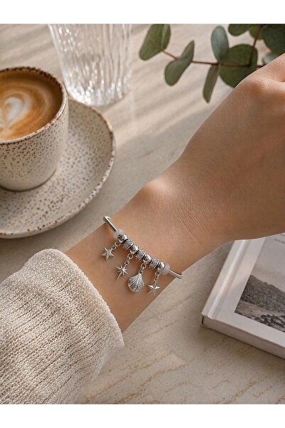 Moda Sekiz Women's Elegant Stone Steel Bracelet with Sea Shell Charms
