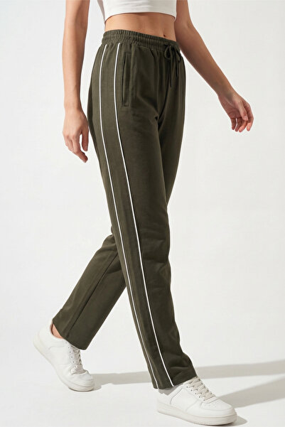 Veleno Γυναικείο χακί χτενισμένο βαμβακερό παντελόνι φόρμας με φερμουάρ και ί...