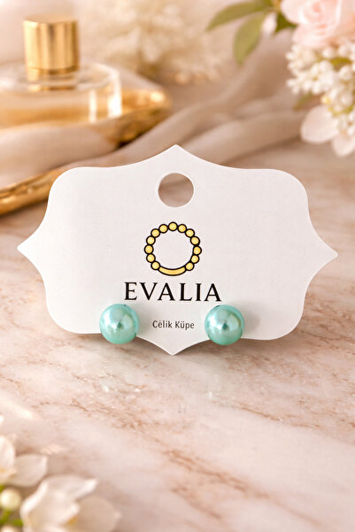 Evalia Takı Turkuaz İnci Küpe - İnci Top Küpe Paslanmaz Çelik 8Mm