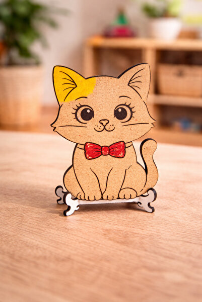 PİNK DESİGN KİTCHEN Boyanabilir MDF Ahşap Kedi Figürlü - Standlı – Anaokulu E...