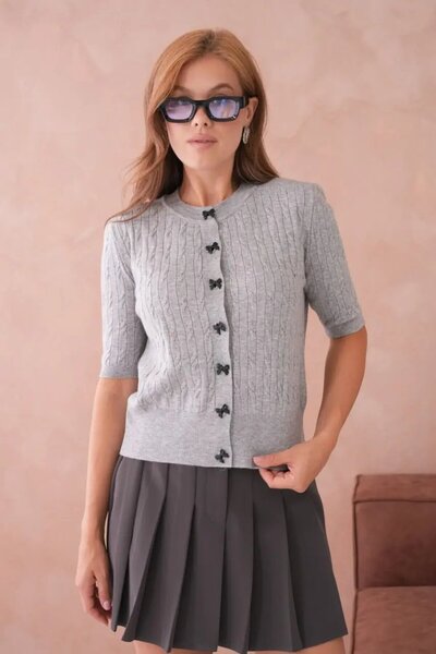 Park Karon 12036 Crew Neck Bow Button Detailed Hair Knit Premium Yarn Knitwea...