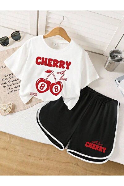 MORNİNG KİDS Κοριτσίστικο σετ με στάμπα Cherry With Love 8, λευκό μπλουζάκι κ...
